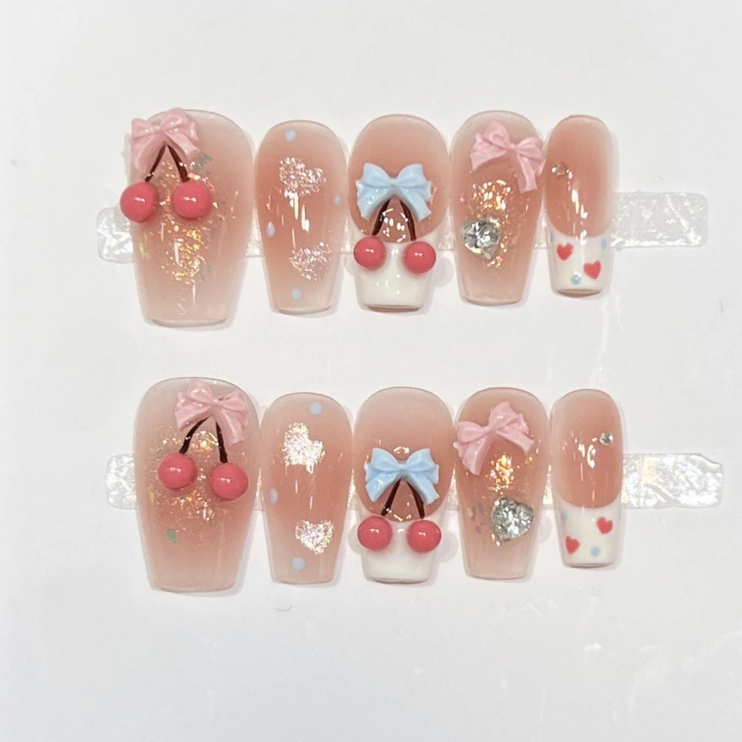 

10 шт., румяна, короткие балетки, сладкий пресс на ногтях, французский белый край, узор любви, накладные ногти с вишневым бантом, узел для милой молодой девушки