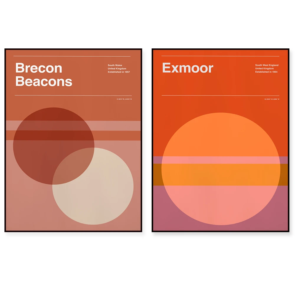 Poster di viaggio per Brecon Beacons in Galles, New Forest in Hampshire, Lake District in Cumbria, parchi nazionali del Regno Unito degli Exmoor