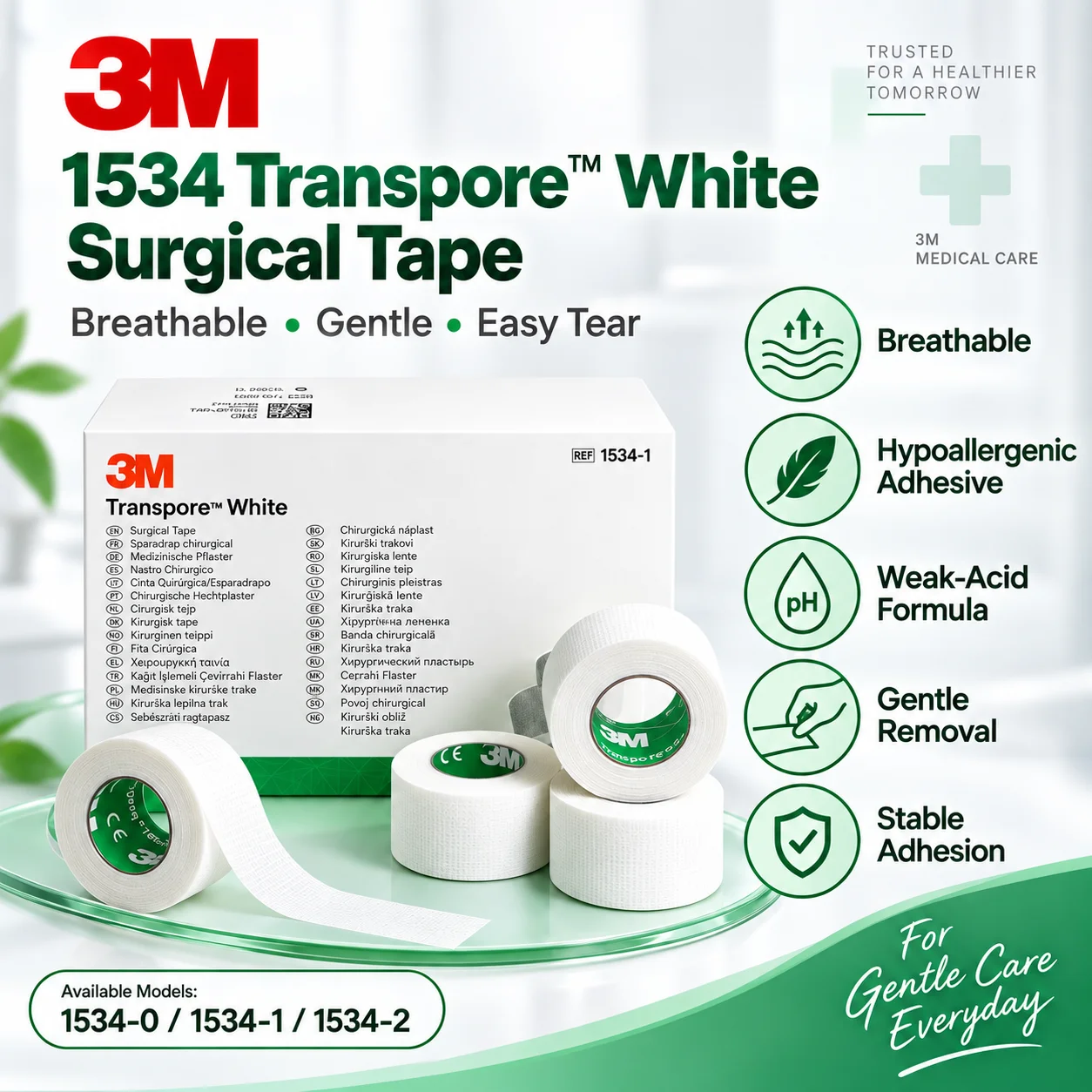 3M 1534 Transpore White Surgical Tape - Highly Breathable Hypoallergenic Gentle Adhesion Easy Tear Tape for Medical Use
