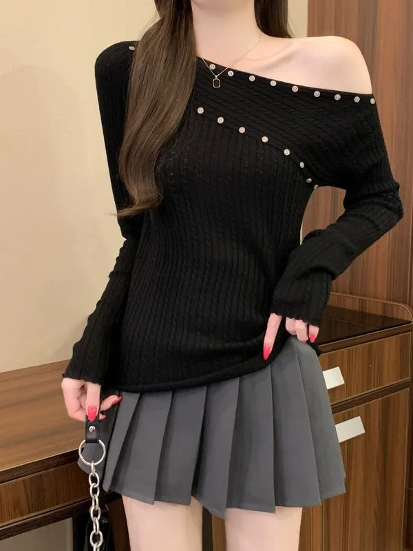 Korean Style Long Sleeve Knitted Base Shirt Women's Autumn New Slim Fit Shoulder Bared Button up Top Comfortable Breathable