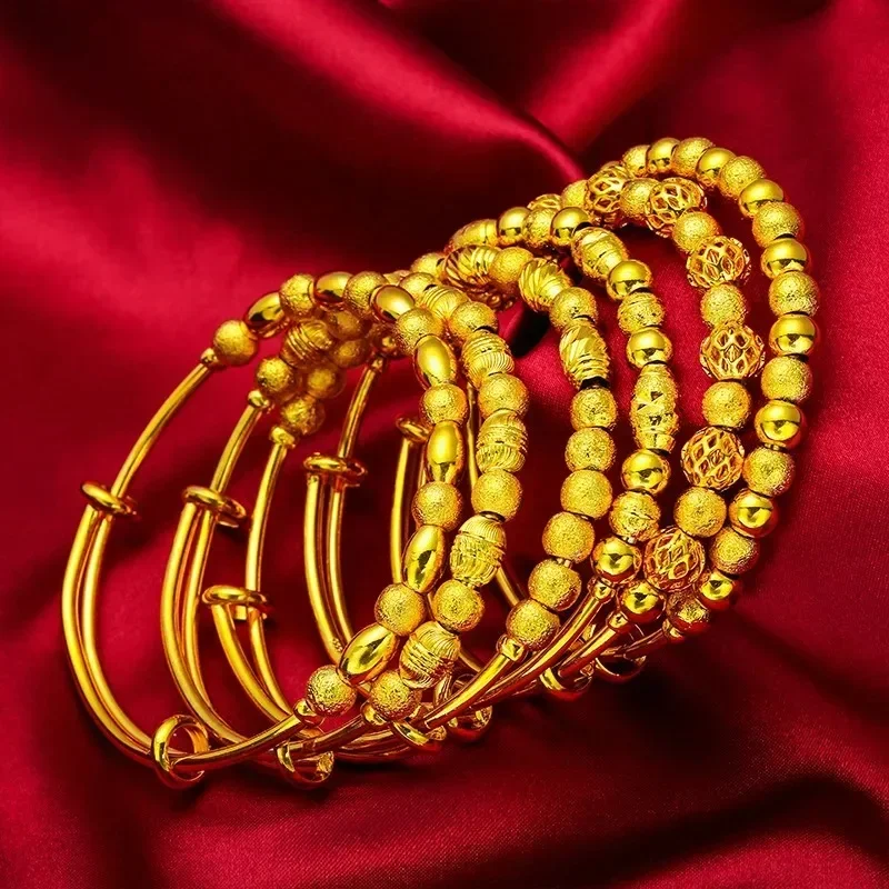 Push-Pull Lucky Bead Bracelet for Women, 24K Gold, AU999 | Engraved 
