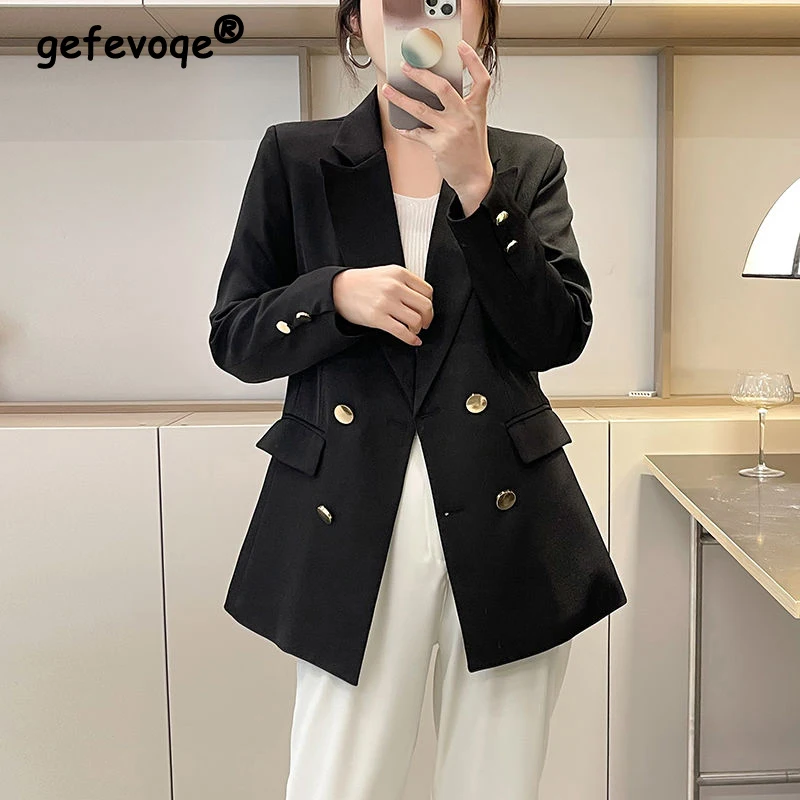 Blazer feminino elegante com seios duplos, jaqueta de manga comprida, monocromática, fina, casual, escritório, negócio, senhora, primavera, outono,