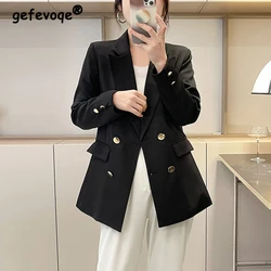 Women Korean Fashion Elegant Solid Slim Double Breasted Blazer Spring Autumn Office Lady Business Casual Long Sleeve Suit Jacket