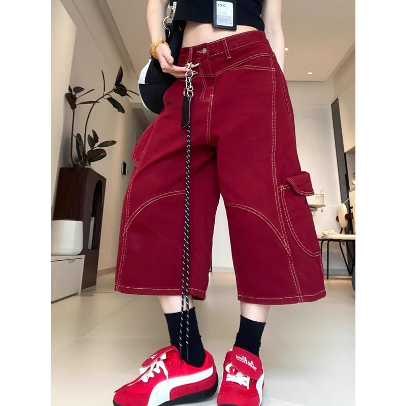 Retro Red Jeans Cropped Pants Women 2025 Eur Us R Summer Modern Neutral Deconstruction Pocket Curved Knife Workwear Shorts New