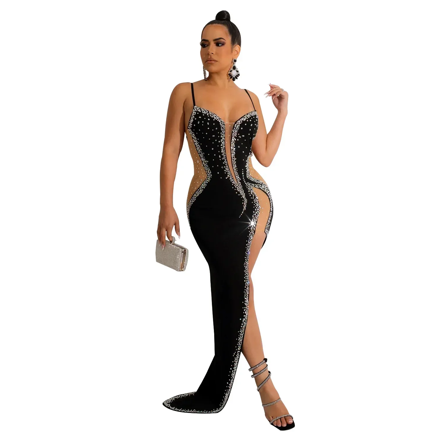 Robe de Soirée Longue en Maille Transparente pour Femme, Tenue Sexy avec Diamants, Bretelles Spaghetti, Dos aux, Fente Latérale, Batterie