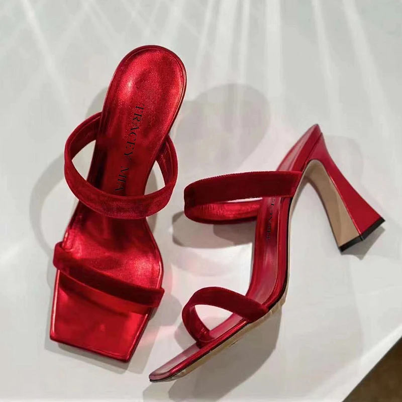 Summer 2025 New One Word Silver Half Slippers for Women Coarse Heel Simple High Heel Sandals Square Head Open Toe, Cool Slippers