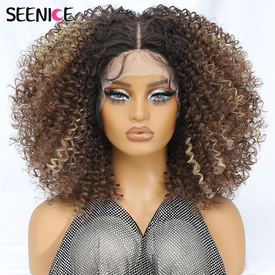 Peluca de encaje sintético Afro rizado corto de Color Piano, parte en T de 14 pulgadas con pelo de bebé, peluca con malla frontal esponjosa para Navidad