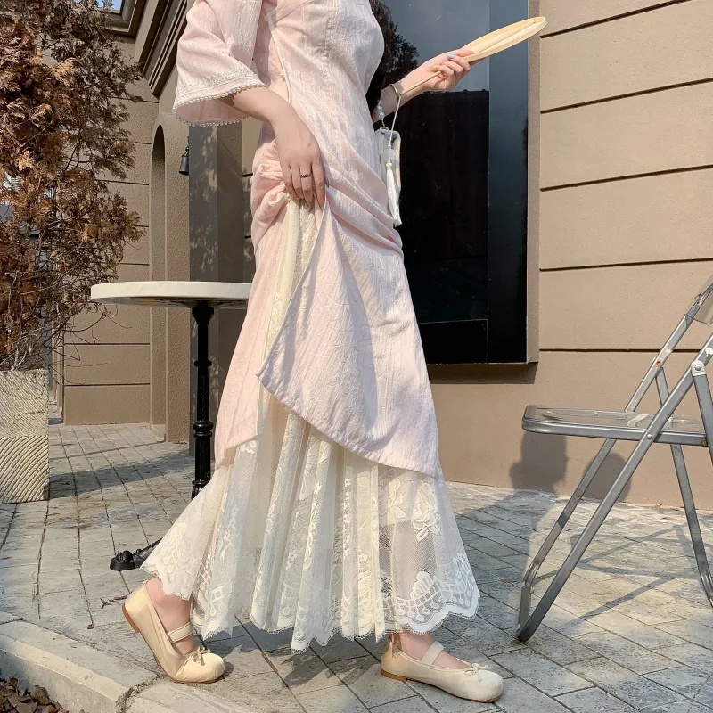 

Вышитая юбка А-силуэта женская с высокой талией, кружевная плиссированная длинная юбка, милая повседневная студенческая юбка из полиэфирного волокна