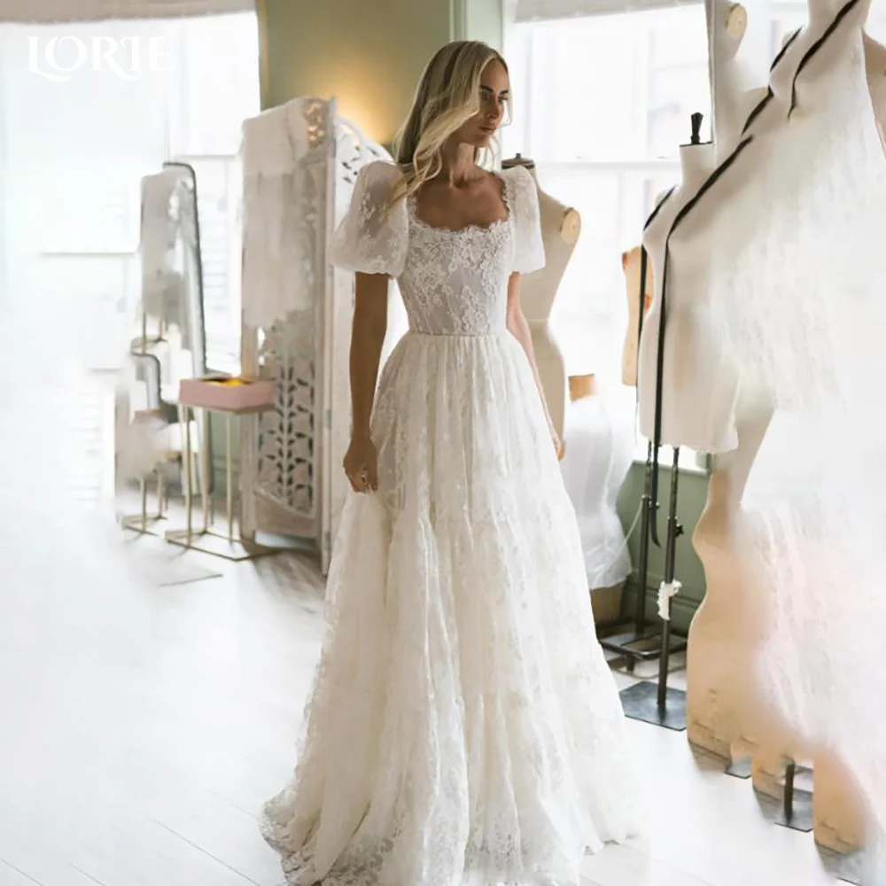 LORIE Sexy Satin Puff Sleeve Wedding Dresses A-line Pleats High Collar Ruffle Elegant Customized Bridal Gown vestidos de novia