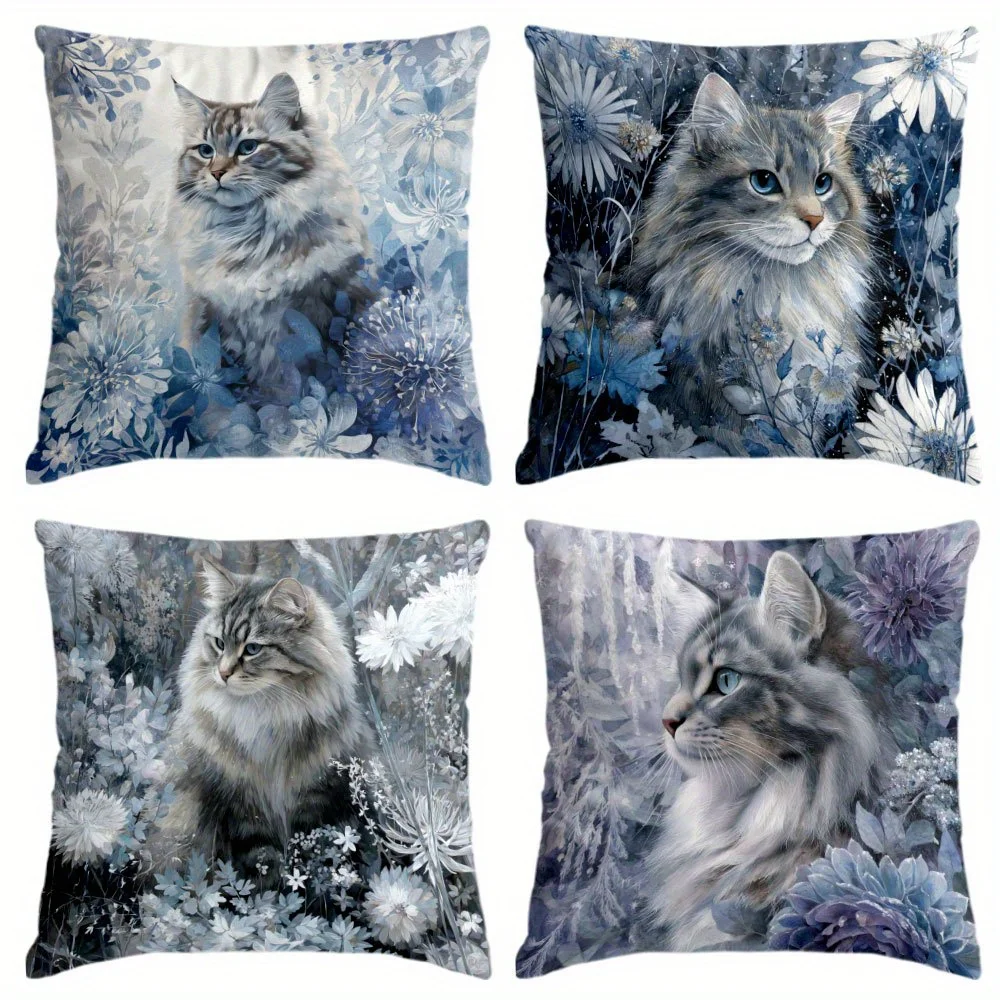 4pc Cat Floral Pillow Covers Throw Cushion Case Watercolor Kitten Art Nature Home Decor Pillowcase 40x40cm