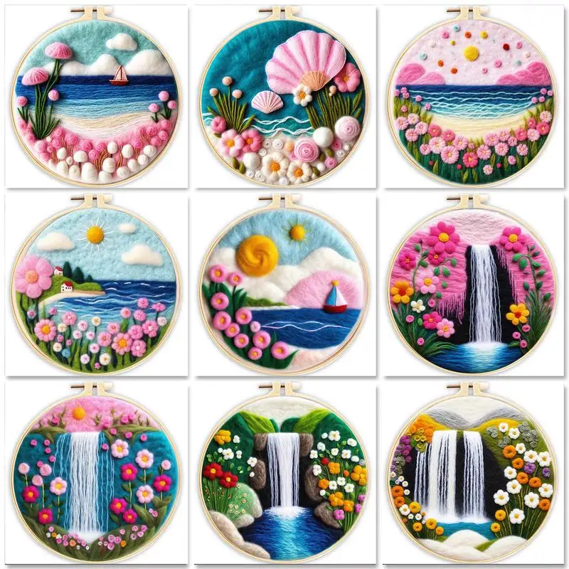 GATYZTORY Painting DIY Wool Felting Embroidery Kit For Beginner Creative DIY Wool Needle Pink Scenery Felt Picture Kit Mom Gift