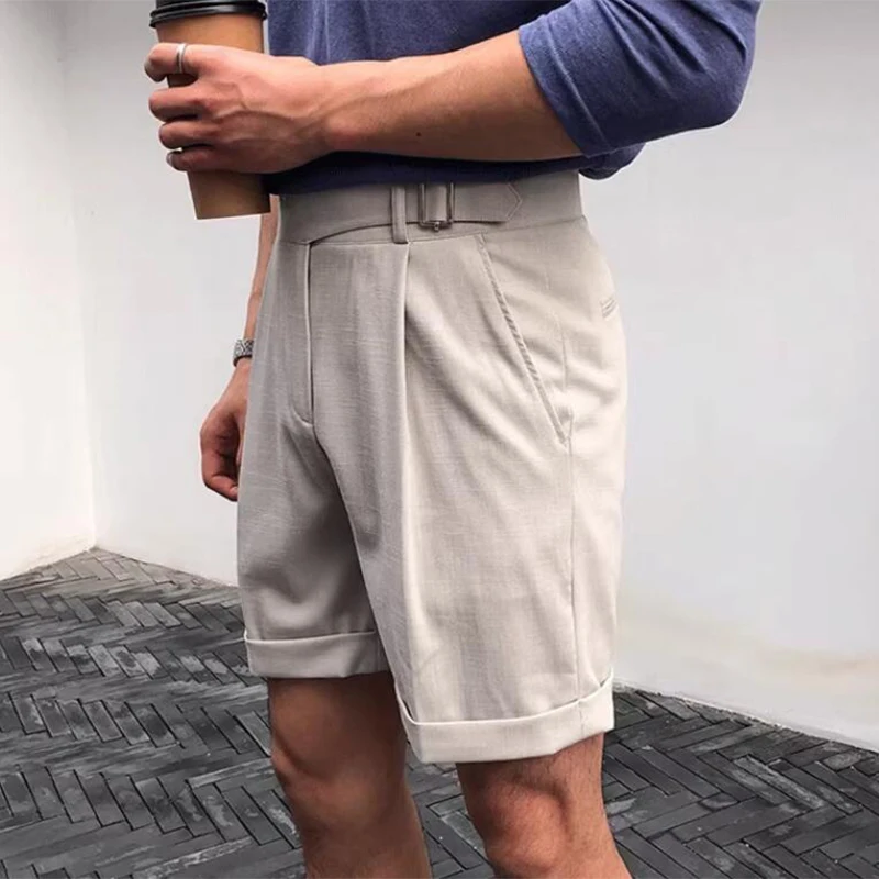 Vintage Lace-up High Waist Shorts Men Spring Summer Fashion Pure Color Loose Short Pant For Mens New Casual Straight Shorts Male