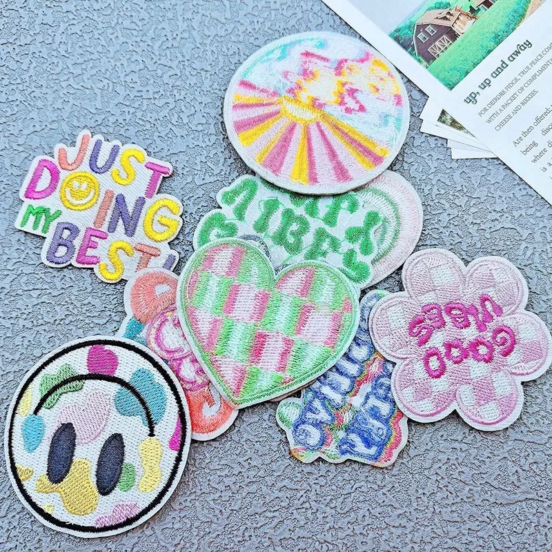 Hot Embroidery Patch Smiling Face Cloth Sticker DIY Iron on Patches Happy Badge Kids Hat Backpack Phone Case Fabric Accessories