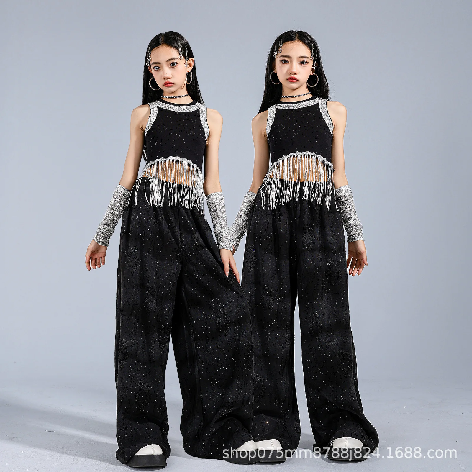 Kids Girls Black Sequin Crop Top Pants Set Kpop Cheerleading Jazz Hip Hop Dance Costume Children Concert Stage Performance Suit