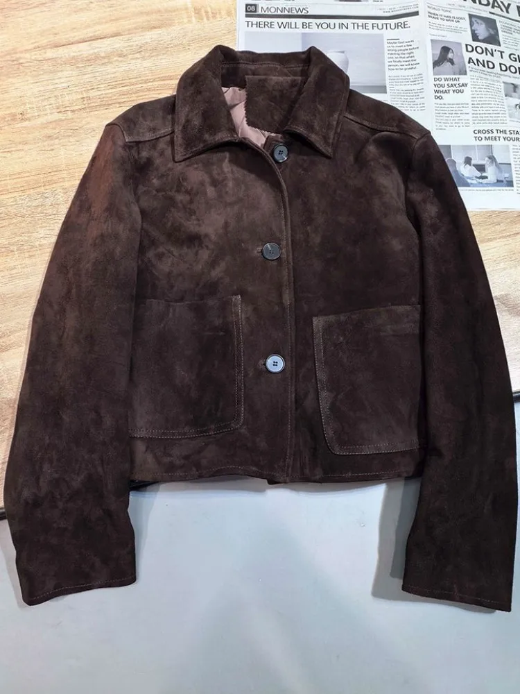 Mode Lose Revers Lange Ärmel Schaffell Kurze Jacke Freizeit Einfarbig Tasche Einreiher Echtes Leder Weiblichen Mantel