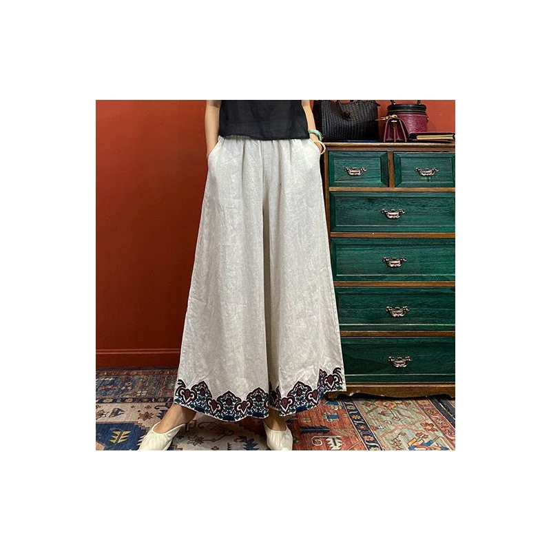 Ethnic Style Pants Chinese Style Embroidered Thin Wide-leg Pants Retro Versatile High-waisted Nine-point Pants for Women