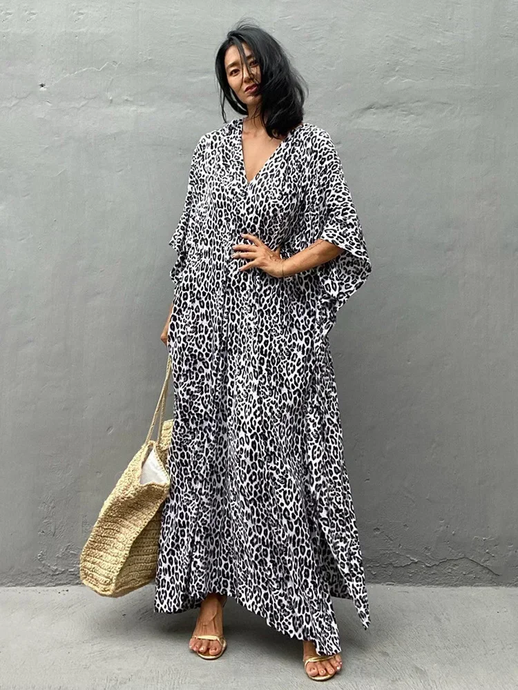 

2025 New Leopard Beach Cover-Ups Women Robe Lace Up V-Neck Plus Size Slit Cut Beach Long Dress Summer Fashion Swimsuit Cover Up