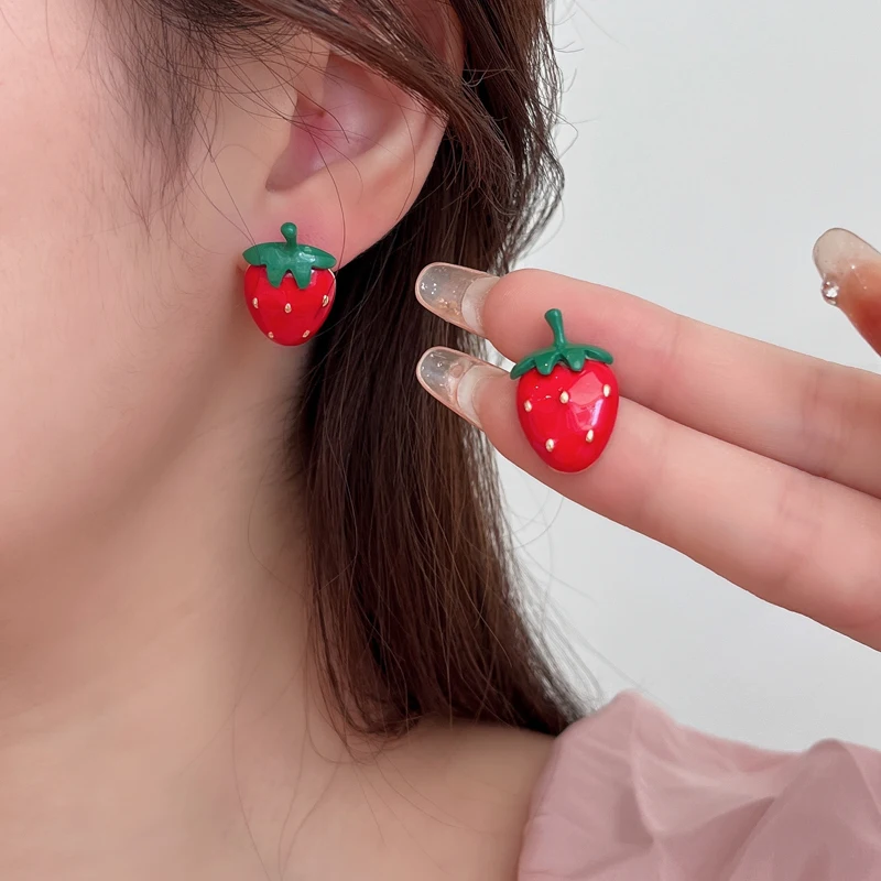 Modern Jewelry 925 Silver Needle Red Stawberry Earrings For Girl Gifts Lovely Cute Design Stud Earrings Accessories Hot Sale