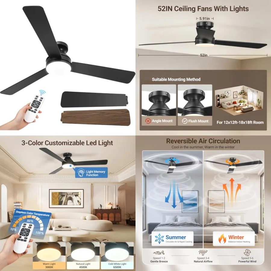 Ceiling Fans with Lights, Remote Control, 3CCT, DimmableandAdjustable Wind Speed, Timer Function, Reversible, Quiet, Energy-Sav
