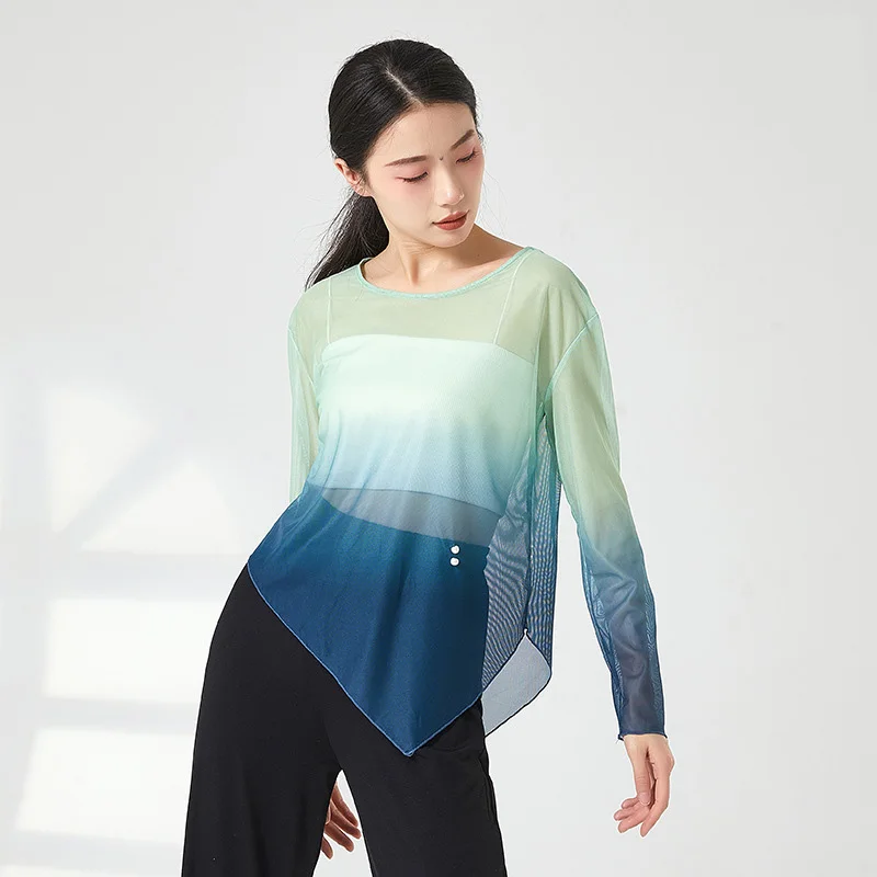 

Женская классическая танцевальная одежда: топ из сетчатого тюля, градиентный цвет, асимметричный подол, облегающая блузка с круглым вырезом, современная одежда для выступлений