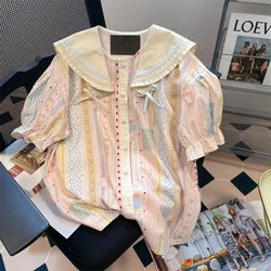 Japanese Style Sweet Pink Bow Women Shirts Summer Kawaii Cute Sailor Collar Tops Print Harajuku Y2k Blouses Losse Striped Camisa