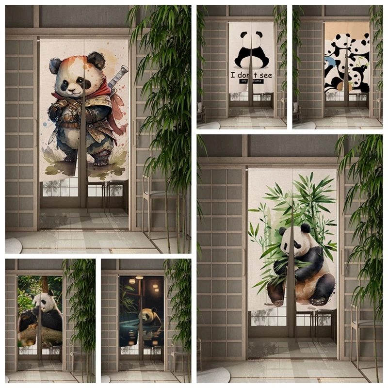 Panda Traditional Bamboo Painting Print Door Curtain Japanese Panel Doorway Room Divider Curtains Kitchen Hanging Room Decor