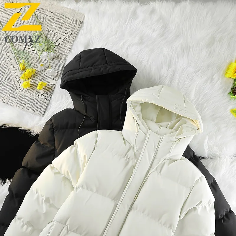 COMXZ Padding Coat Mid-Length Solid Color Hood Working Windproof Parka Loose Thickened Lightweight Autumn Winter Trench Coat