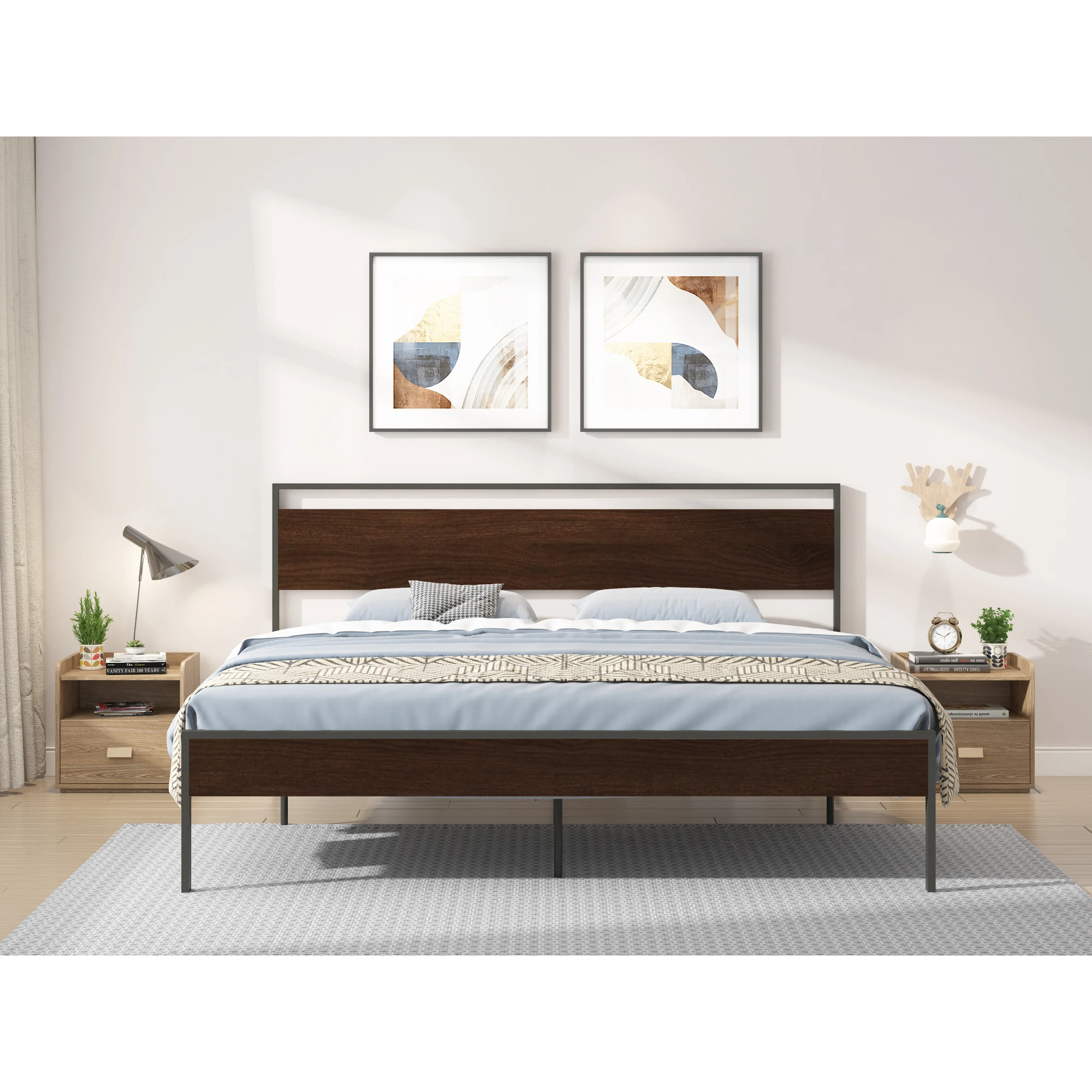 [Flash Sale]King/Queen Size Ceres Metal Bed Frame Black with Walnut/Cinnamon Wood Headboard&Footboard[US-W]