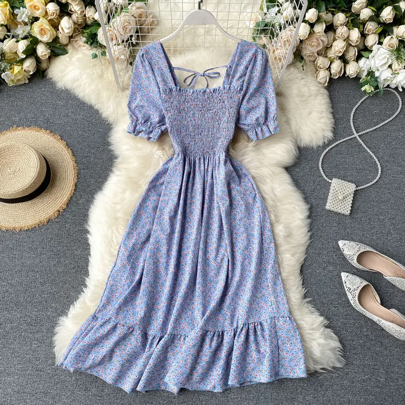 

Women's Clothing Summer French Retro Square Neck Floral Print Dress Puff Sleeve Sweet Short Sleeve Casual Dress New Arrival