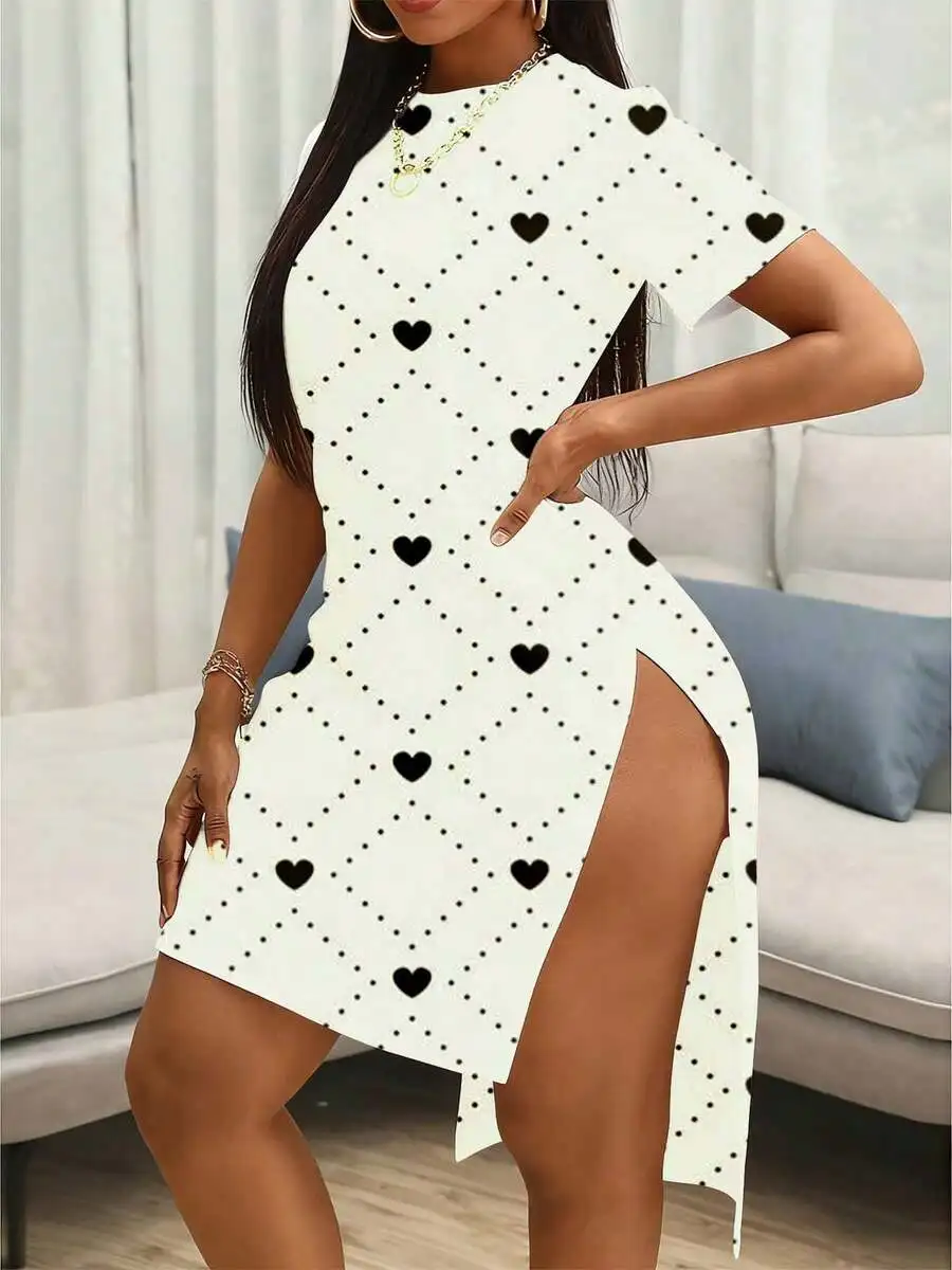 

Heart Print Mini Dress With Side Slit For Women Casual Party Outfit