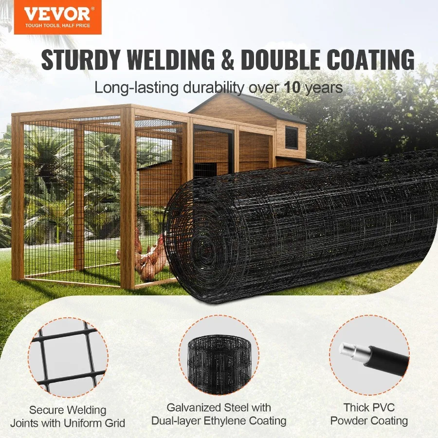 VEVOR Panno hardware 48'' x 50' Rotolo di rete metallica ganizzata Calibro 16 Filo di pollo Fen Rotolo Rivestimento in vinile Rete metallica per Chicke