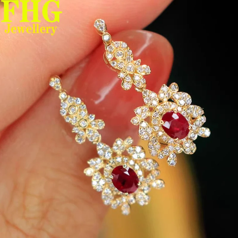 

Real Diamond 18K Au750 Yellow Gold Eearrings Real Diamond 0.38Carat natrual Ruby 0.44CT Wedding Party Engagement Fashion