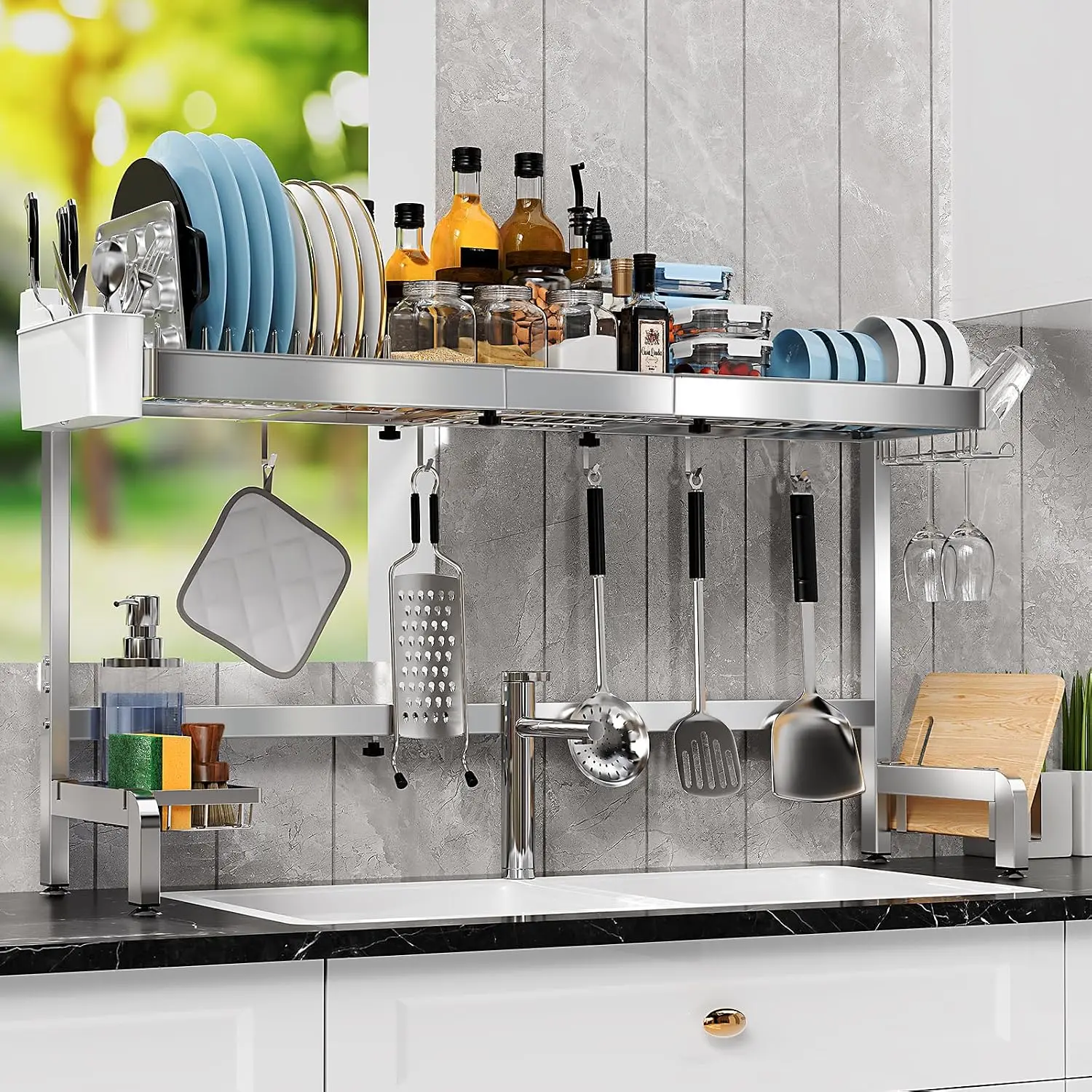 2 Tier Extra Large Over The Sink Dish Drying Rack, Expandable Stainless Steel Dish Drainer with Multifunctional Organizer, Space