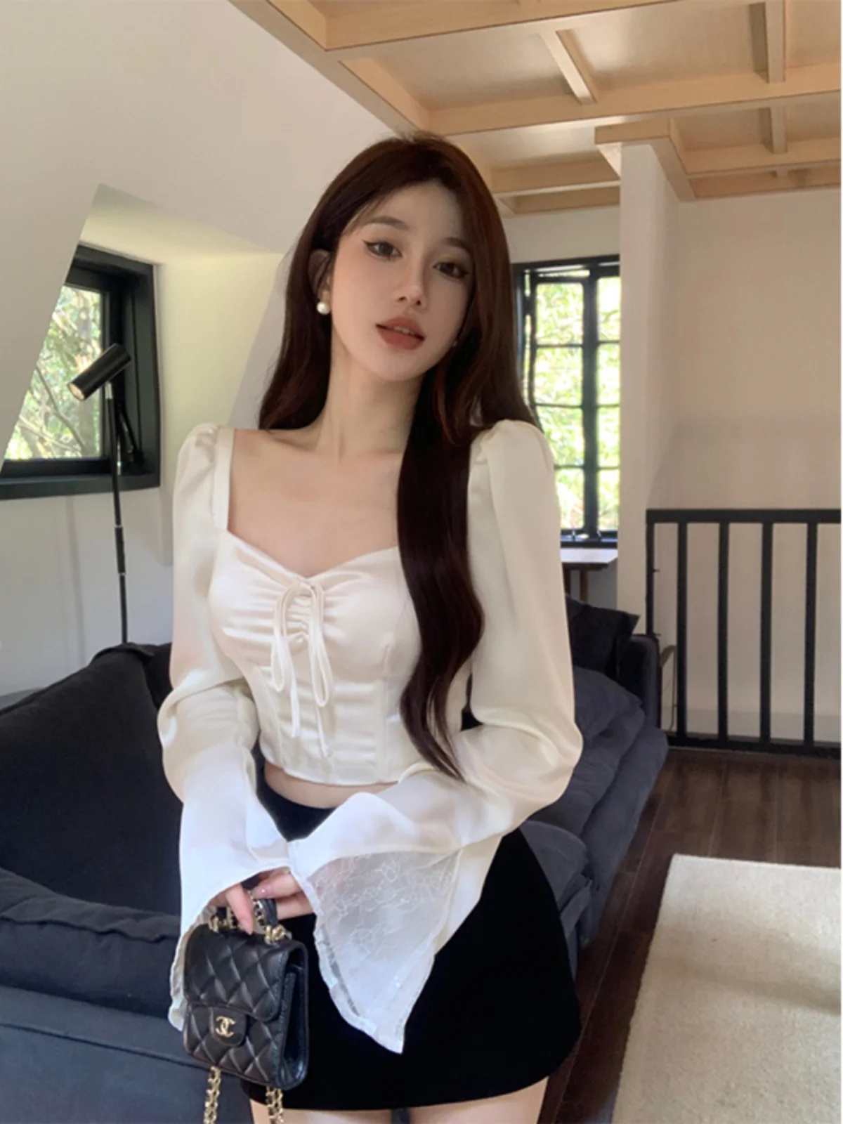 

Silk irts Women's ort Sve Long Sve Square Collar Sexy Personali White Color Autumn Faion Top Quali Polyester ...