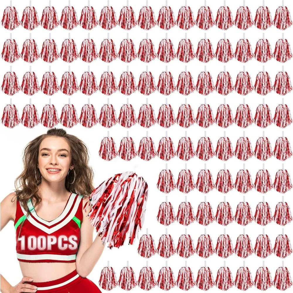 

100Pcs Metallic Cheerleading Pom Poms with Baton Handle Cheerleader Pompom Foil Cheer Pom Poms 30g Cheering Squad Hand Flowers.