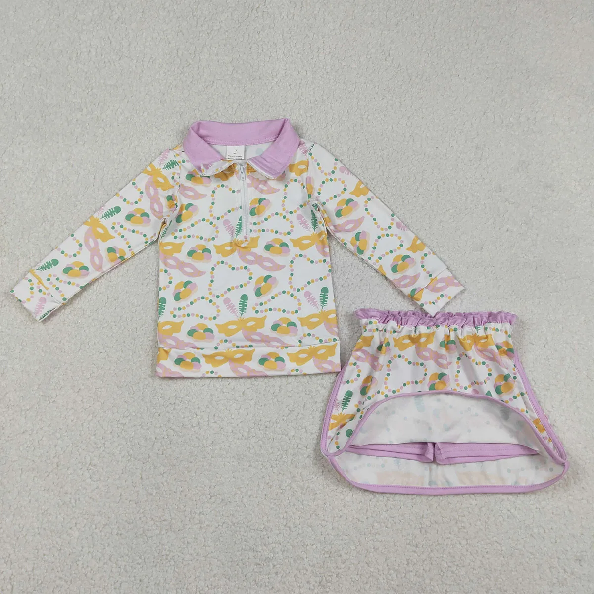 Baby Girl Long Sleeve Donuts Masks Zipper Pullover Top Mardi Gras Skirt Skorts Set Active Toddler Kids Children Outfit Wholesale