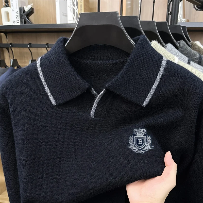 Men's Designer Brand Embroidery Printed Polo Shirt Autumn New Solid Color Long Sleeve Collar Knitted T-shirt Original Men's Wear