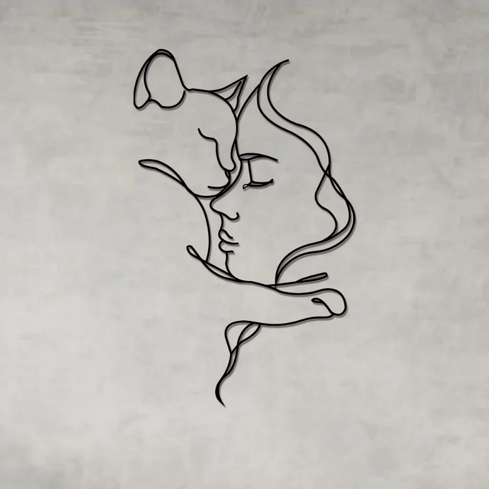 Elegante arte metálico de gato negro y mujer: diseño de silueta minimalista, decoración perfecta para amantes de los gatos y interiores de moda