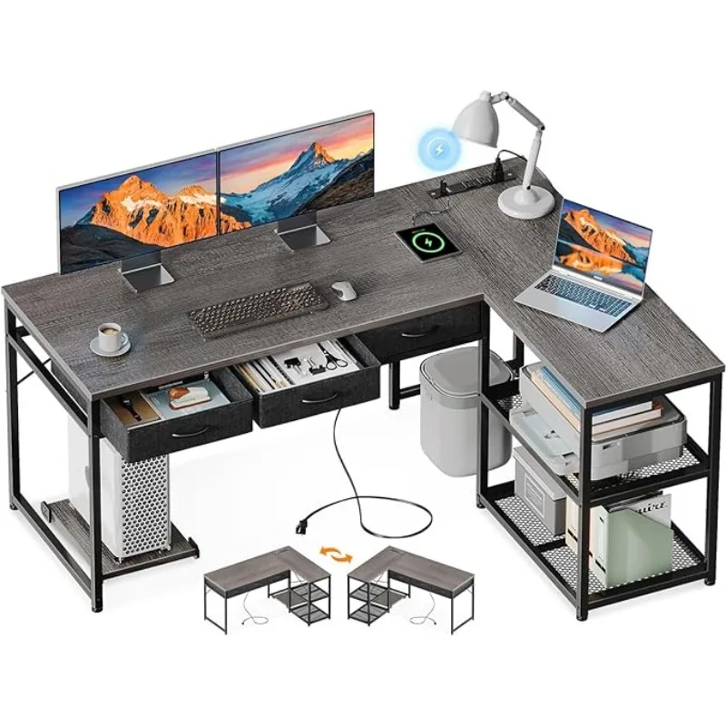 53 Inch L Shaped Computer Desk with Drawers, Corner Desk with Power Outlets & Reversible Storage Shelves, Movable CPU Stand