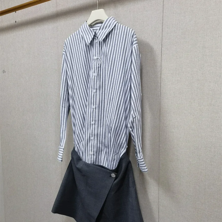 2025 Otoño e Invierno vestido camisero para mujer retales de diamantes a rayas Mini vestido elegante para mujer