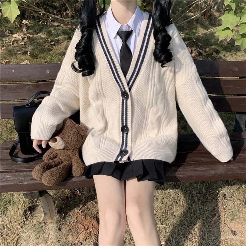 Japanse Student Meisje College Stijl 100% V-Hals Gebreid Katoenen Marine Vest Trui Luie Stijl Oversized School Uniform Volledige Set