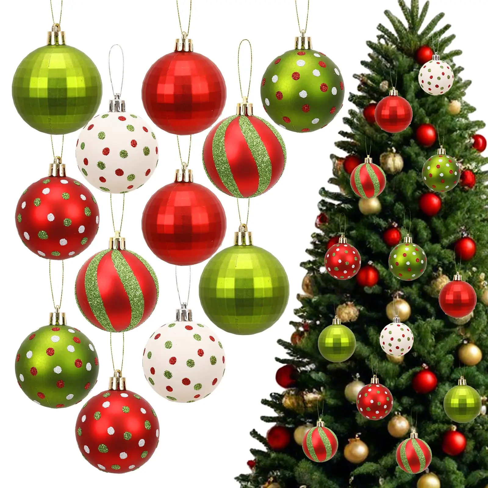 12pcs Christmas Ball Ornaments Tree Decoration 2.4 Inch Red Green Hanging Xmas Tree Ornaments Glittering Plastic Christmas Balls