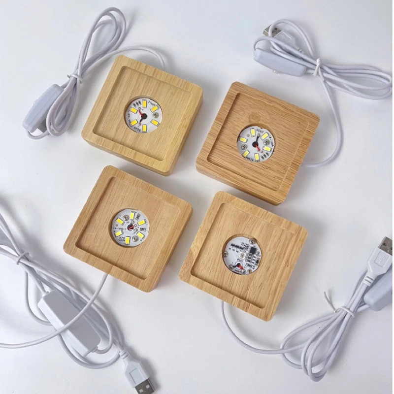 Square Wooden Base Led Lamp Display Stand Holder USB Powered for Crystal Glass Resin Objects