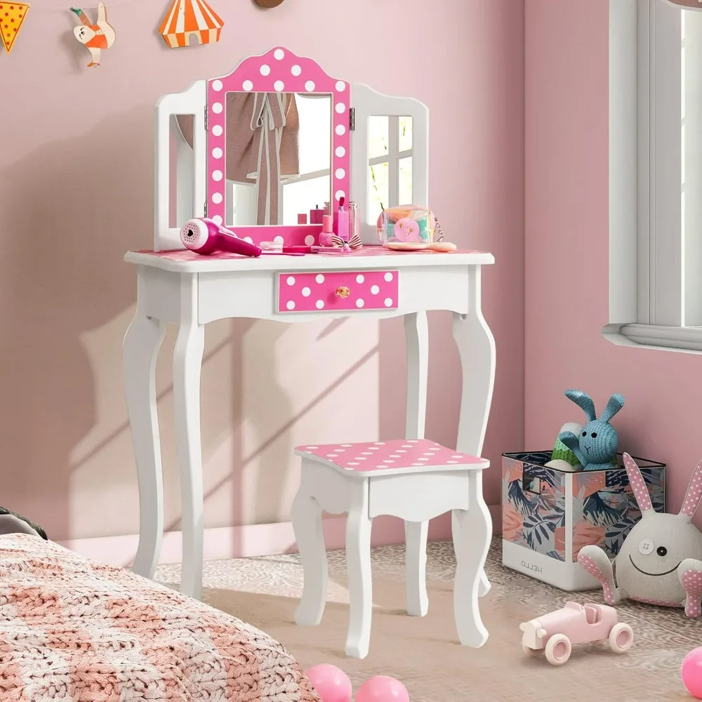 Kids Vanity Table and Chair Set, Girls Vanity Set with Mirror and Stool, Storage Drawer, Wooden Princess Makeup Dressing Table