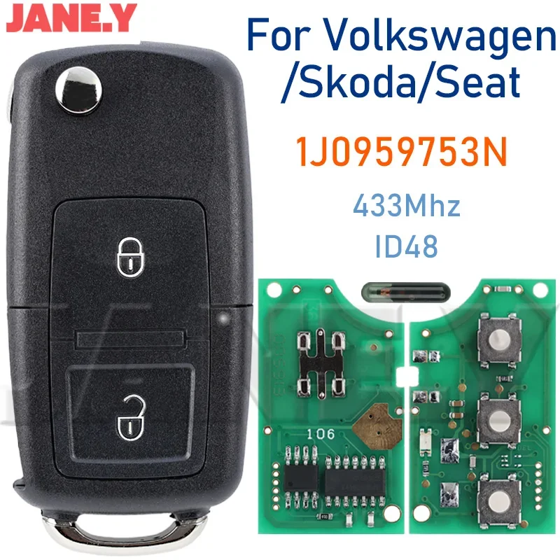 Smart Remote Car Key For VOLKSWAGEN VW Beetle Bora Golf SEAT Toledo SKODA Octavia 1J0959753N 433Mhz ID48 Blade HU66 2 Buttons