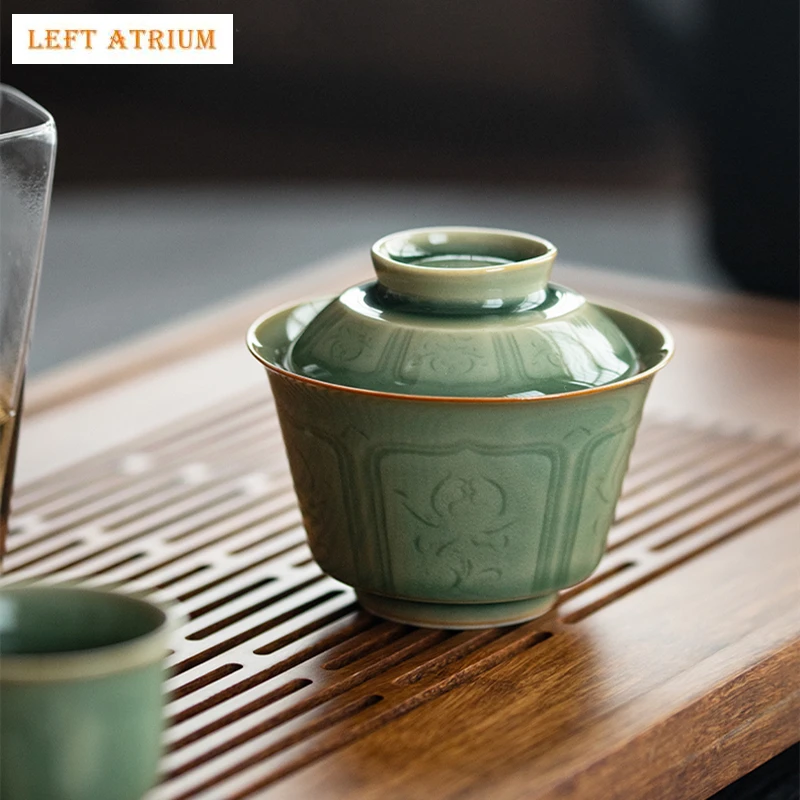 

Celadon Hand Carved Gaiwan For Tea Pottery Tureen With Lid Green Teaware Kung Fu Tea Ceremony Set Coffee Cups Tea Bowls Chawan