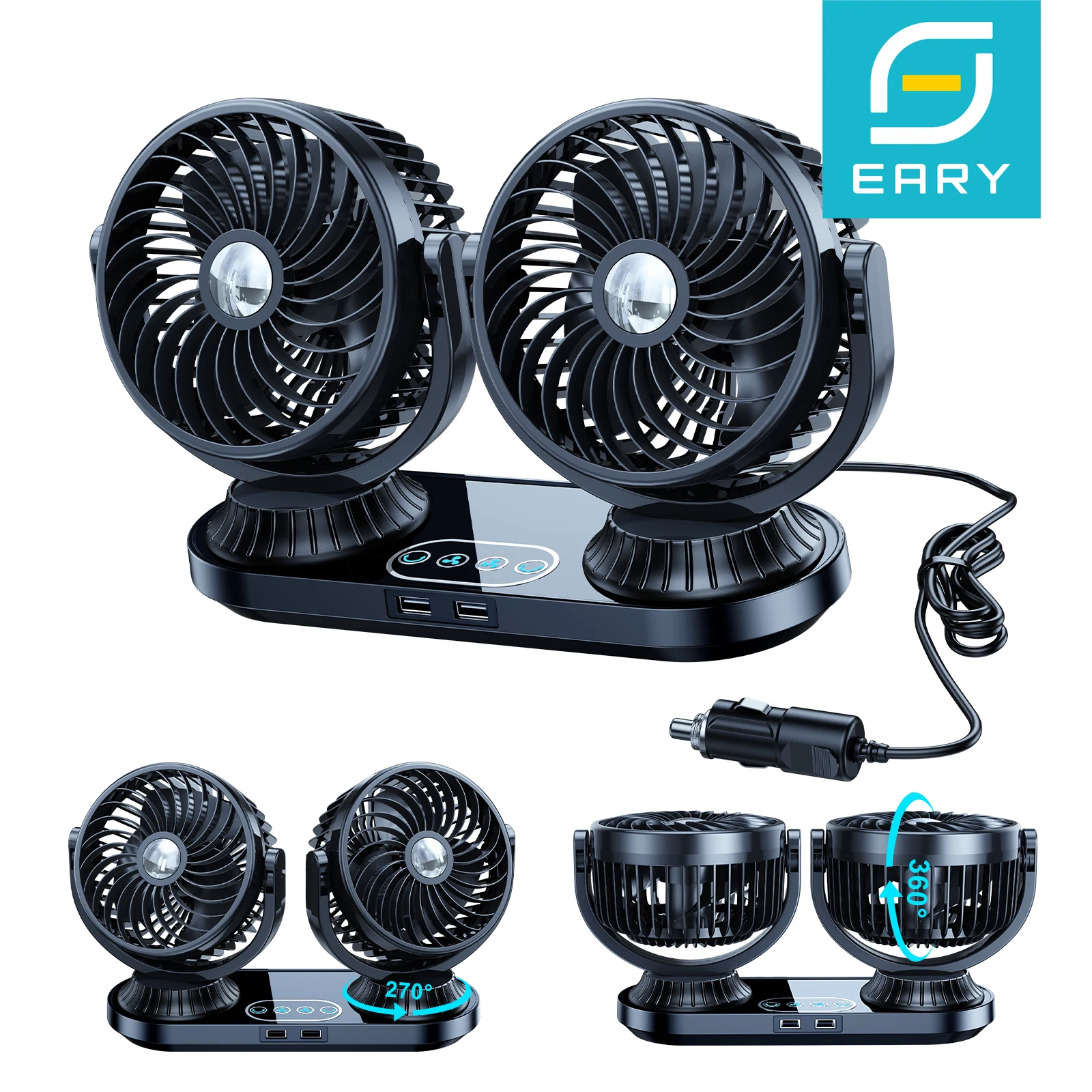 Eary Portable Dual Head Car Fan 12V 24V 3 Speed Auto Cooling Fan 270° Rotatable Vehicle Fan Mount For Dashboard Air Circulation