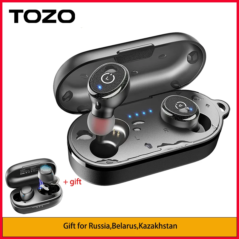 TOZO T10 Bluetooth 5.3 Earphones ,Wireless Earbuds With Big Bass, IPX8 Waterproof , 45H Playtime, Built in Mic For Sport