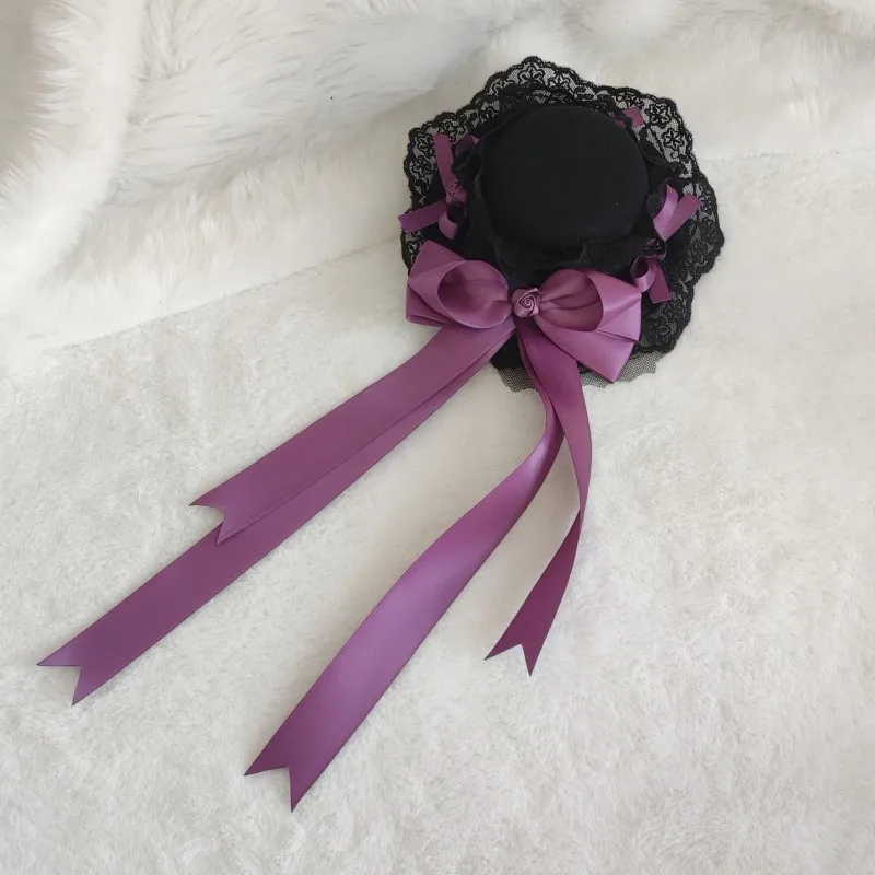 Gothic Lolita Mini Hat Set – Black Purple Rose Lace Headpiece with Bow Clip, Wrist Cuffs & Hairband Accessories for Cosplay or C