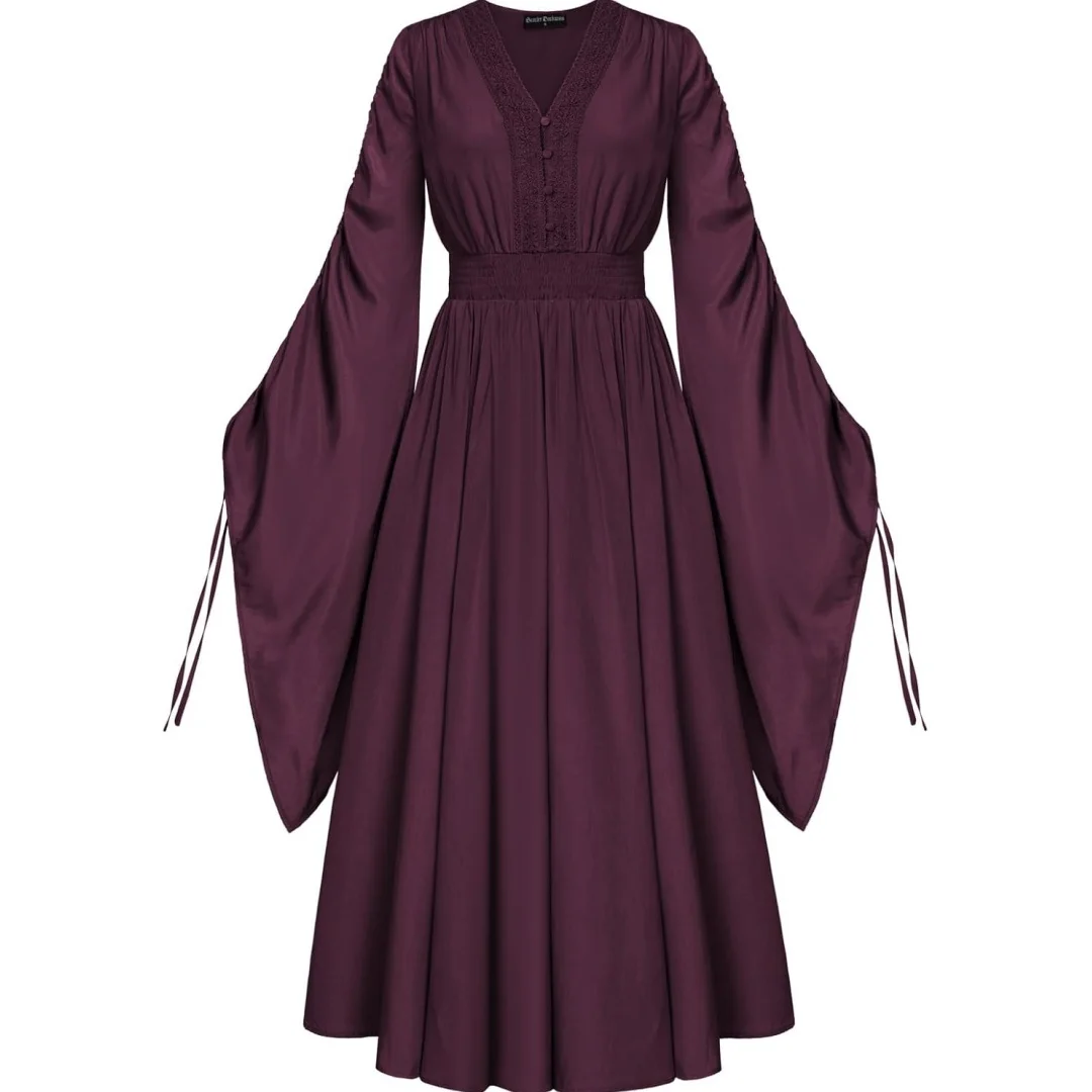 

Deluxe Medieval Renaissance Costume Women Fairy Dress V Neck Drawstring Bell Sleeve Long Dress with Pockets